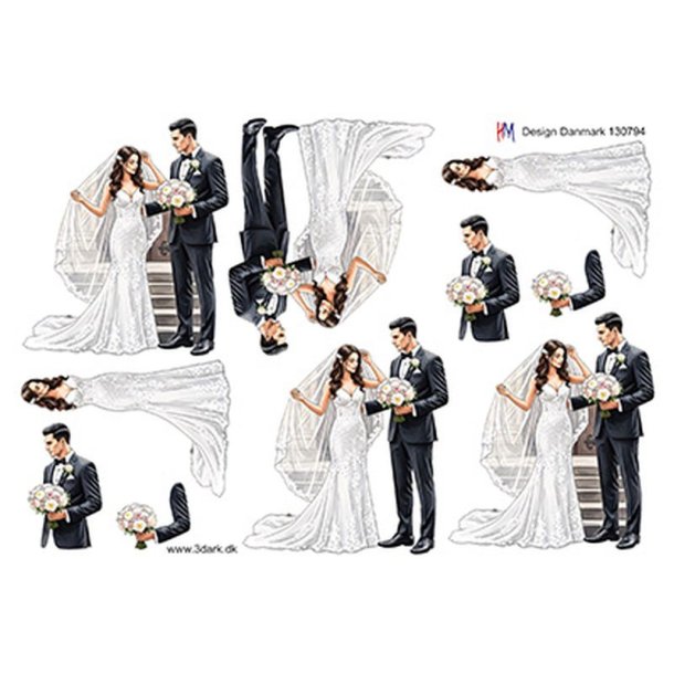 3D klippeark - Bryllup, brudepar foran trappe