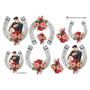 3D klippeark - Bryllup, brudepar i hestesko