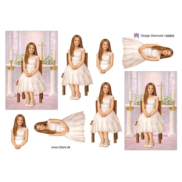 3D klippeark - Konfirmation. M�rkh�ret pige sidder i kirken