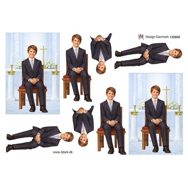 3D klippeark - Konfirmation. M�rkh�ret dreng  i m�rkt jakkes�t i kirken