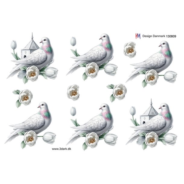 3D klippeark - Hvid due &amp; blomst