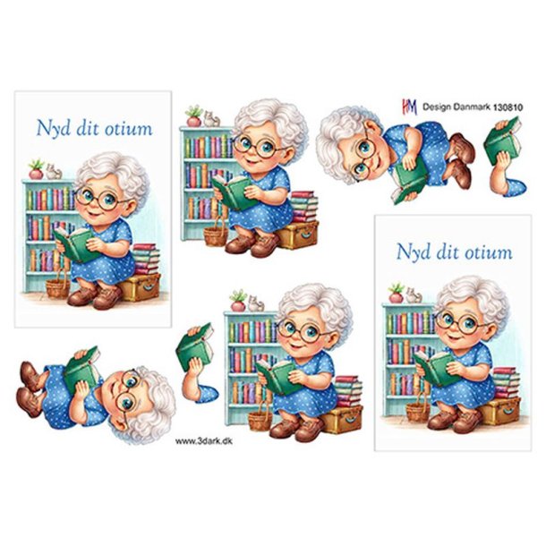 3D klippeark - �ldre hyggelig dame l�ser b�ger