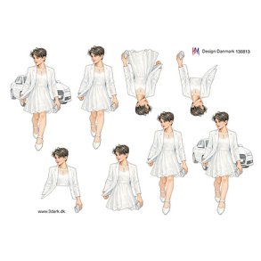 3D klippeark - Konfirmation. M�rkh�ret pige foran hvid bil