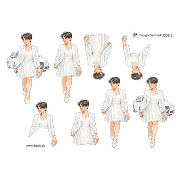 3D klippeark - Konfirmation. M�rkh�ret pige foran hvid bil