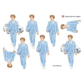 3D klippeark - Konfirmation. Dreng i lysebl� jakkes�t foran hvid bil