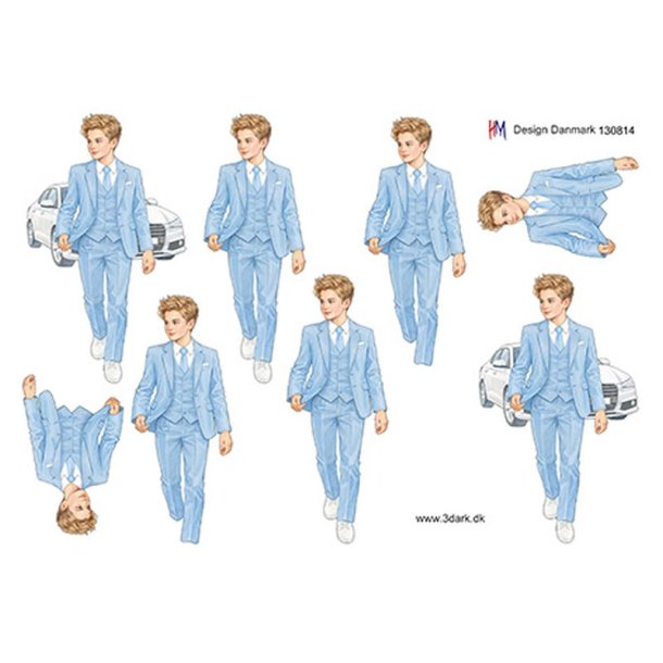 3D klippeark - Konfirmation. Dreng i lysebl� jakkes�t foran hvid bil