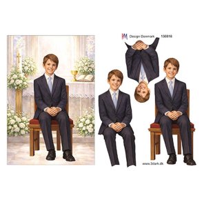 3D klippeark - Konfirmation. M�rkh�ret dreng i kirken, Telegramst�rrelse