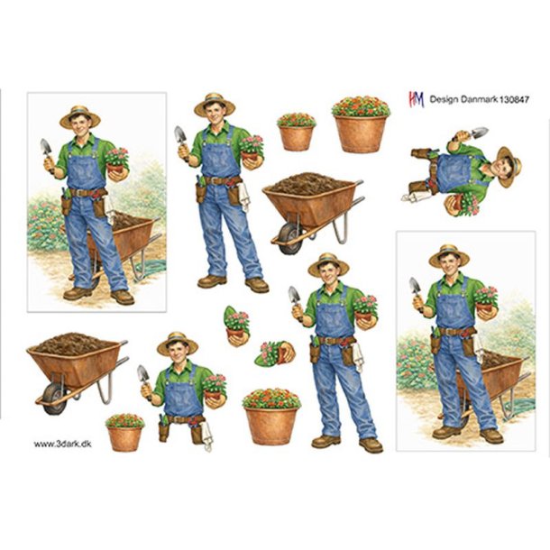 3D klippeark - Job, Havemand m/blomst og trilleb�r