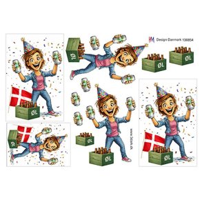 3D klippeark - Dame f�dselsdag m/konfetti, �l & flag