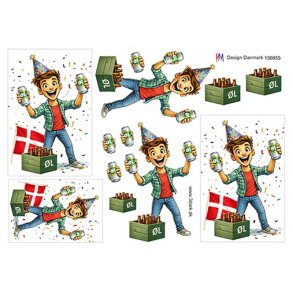 3D klippeark - Herre f�dselsdag m/konfetti, �l & flag