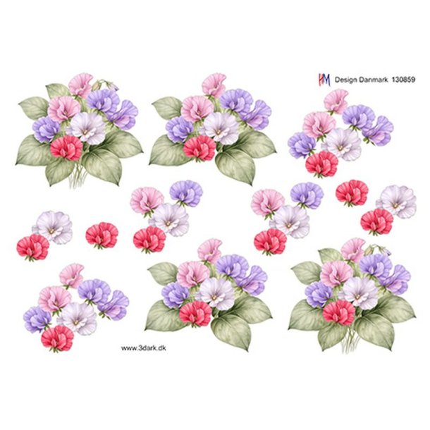 3D klippeark - Blomster, Buket i lyser�de og lilla farver