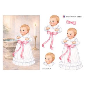 3D klippeark - Baby; D�bsbarn i d�bskjole med lyser�d sl�jfe, telegramst�rrelse