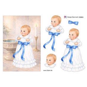 3D klippeark - Baby; D�bsbarn i d�bskjole med bl� sl�jfe, telegramst�rrelse