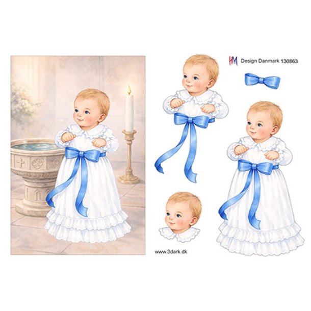 3D klippeark - Baby; D�bsbarn i d�bskjole med bl� sl�jfe, telegramst�rrelse