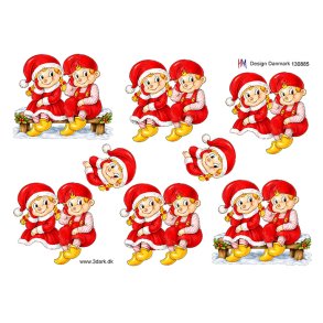 3D klippeark - Jul, Nissepige & nissedreng p� b�nk (polkanisser)