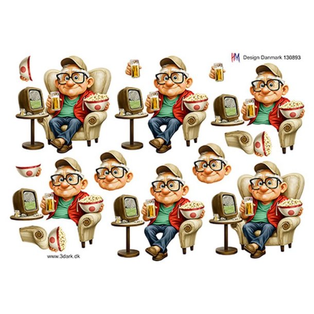 3D klippeark - S�d �ldre herre hygger i l�nestol m/�l og popcorn