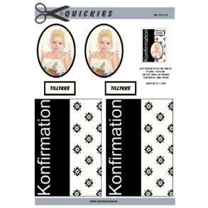 3D klippeark - Konfirmation. Lysh�ret pige i oval ramme, sort/hvid baggrund