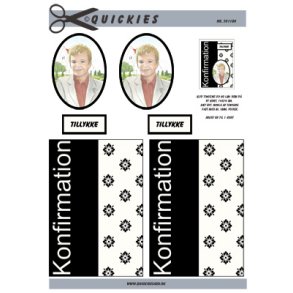 3D klippeark - Konfirmation. Dreng i oval ramme, sort/hvid baggrund