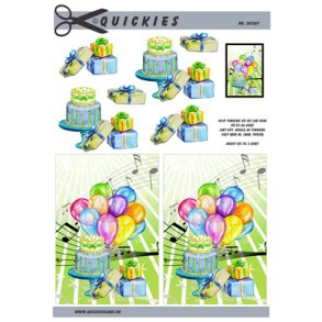 3D klippeark - Festligt kort m/balloner, gave & kage, grn baggrund