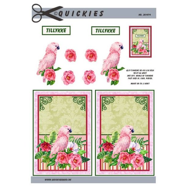 3D klippeark - Lyserd papegje med smukke blomster