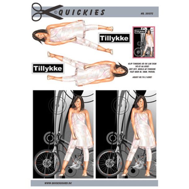 3D klippeark - Konfirmation. M�rkh�ret pige med cykel, sort/gr� baggrund