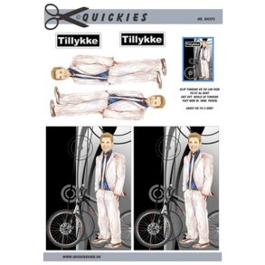 3D klippeark - Konfirmation. Lysh�ret dreng i hvidt jakkes�t, sort/gr� baggrund med cykel