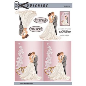 3D klippeark - Bryllup; Brudepar i m omfavnelse, lyserd baggrund