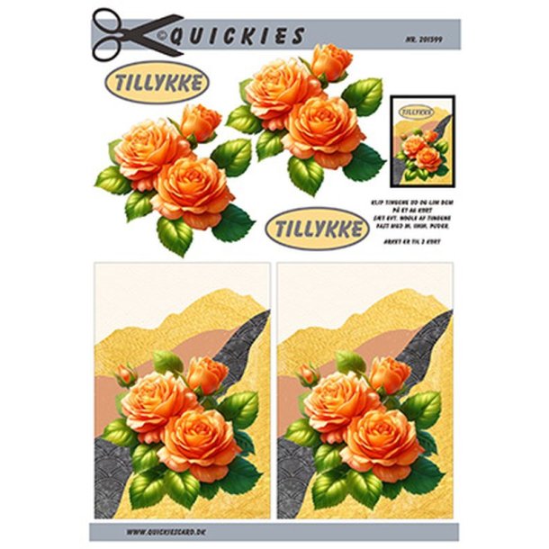 3D klippeark - Blomster. Orange roser p gylden grafisk baggrund