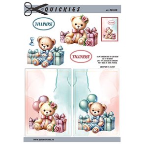 3D klippeark - Brn; Sde bamser m/gaver i lyserd & lysebl