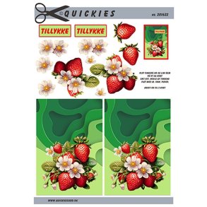 3D klippeark - Blomster; L�kre jordb�r og blomster p� gr�n baggrund