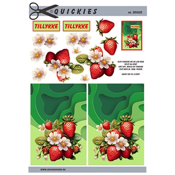 3D klippeark - Blomster; L�kre jordb�r og blomster p� gr�n baggrund