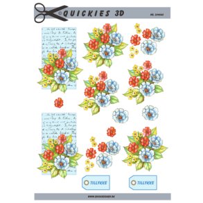 3D klippeark - Blomster, buket af bl, rde og gule blomster p hndskrevet brev