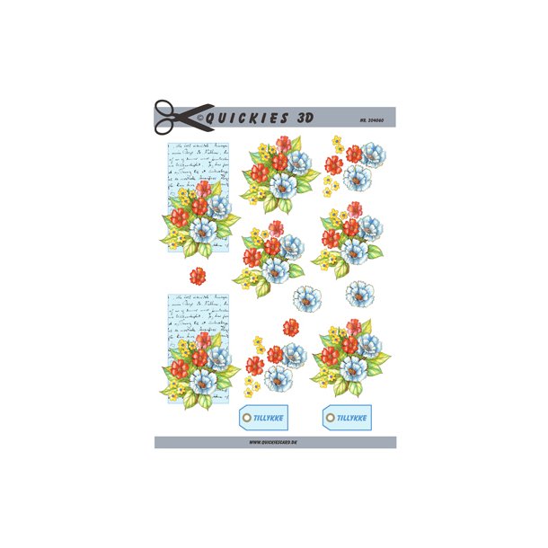 3D klippeark - Blomster, buket af bl, rde og gule blomster p hndskrevet brev