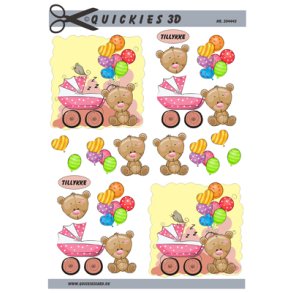 3D klippeark - Baby. Pink barnevogn, bamse & balloner