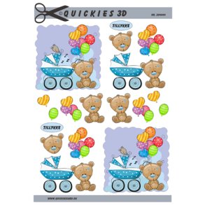 3D klippeark - Baby. Bl� barnevogn, bamse & balloner