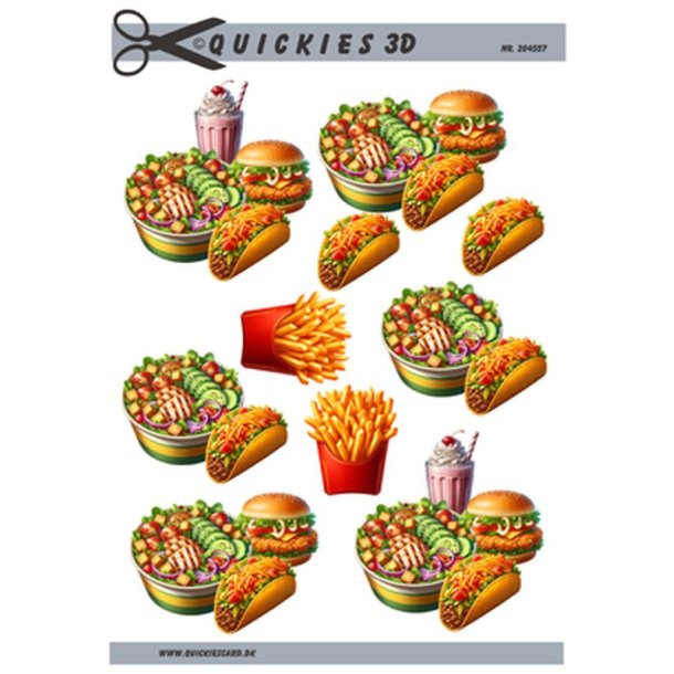 3D klippeark - Fastfood; taco, salat-bowl, burger, milkshake