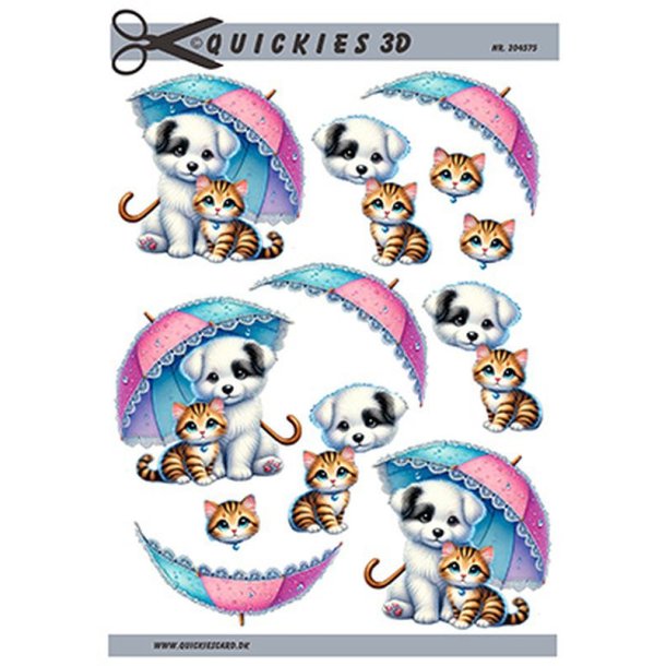 3D klippeark - nuttet lille kattekilling &amp; hundehvalp under paraply