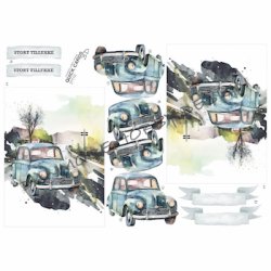 3D klippeark - Veteranbil p vej i flot "akvarel stil"