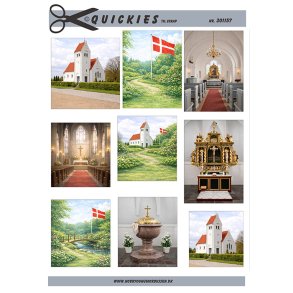 Klippeark - 9 sm� motiver til scrap; Have m/dannebrog, kirker, d�befont, altertavle