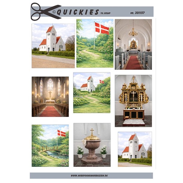 Klippeark - 9 sm� motiver til scrap; Have m/dannebrog, kirker, d�befont, altertavle