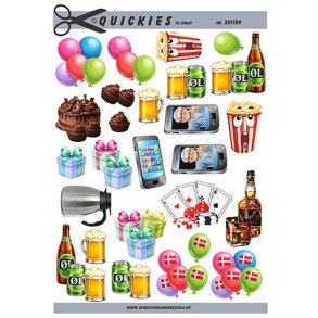 3D klippeark - Festlige sm� motiver; balloner, �l, popcorn, gaver, rom, kage, spillekort