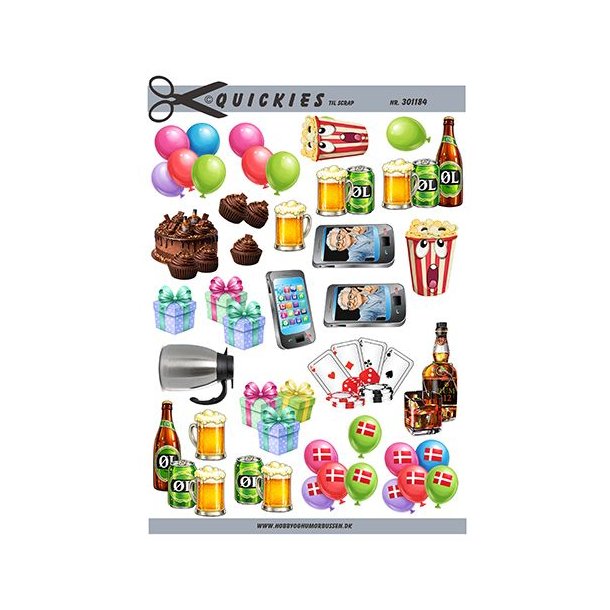 3D klippeark - Festlige sm� motiver; balloner, �l, popcorn, gaver, rom, kage, spillekort
