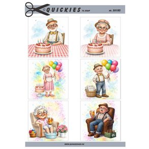 Klippeark - 6 motiver til scrap; Glade pensionister hygger med f�dselsdag