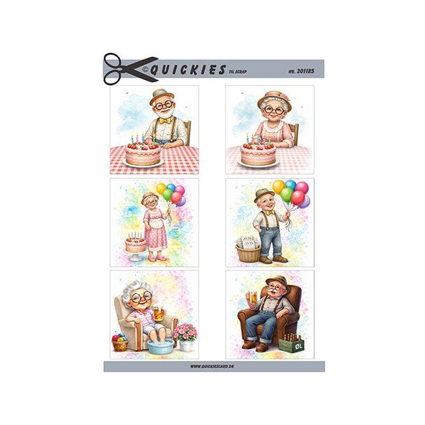 Klippeark - 6 motiver til scrap; Glade pensionister hygger med f�dselsdag