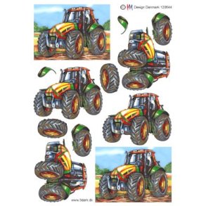 3D klippeark - Traktor i gr�nne/gule farver p� marken