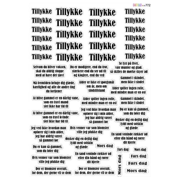 Klippeark A4, m/tekster; "Tillykke" &amp; sjove citat tekster