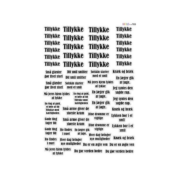 Klippeark A4, m/tekster; "Tillykke" &amp; sjove sm� tekster