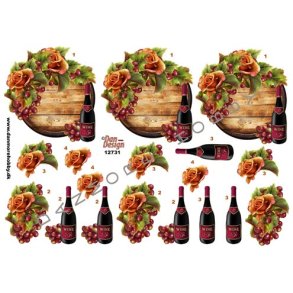 3D klippeark - Vin, vinfad, rdvin, vindruer og roser