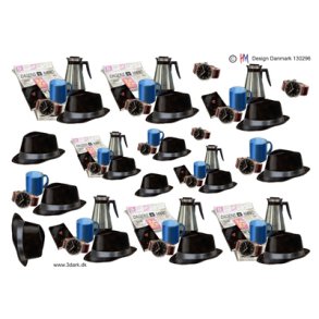 3D klippeark - Herrekort, sort hat, avis, ur og kaffe