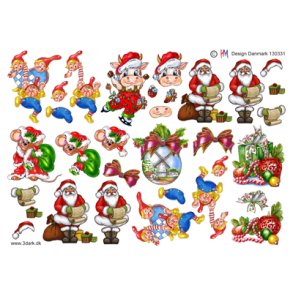 3D klippeark - Jul, sm julemotiver m/nisser, julemnd, dyr & julestads